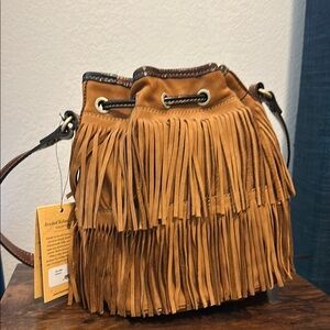 Patricia Nash Bronte Cognac Fringed Tan Leather Bucket Bag